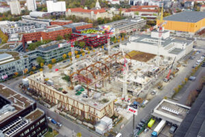 Luftbild von der Baustelle der Messehalle 12